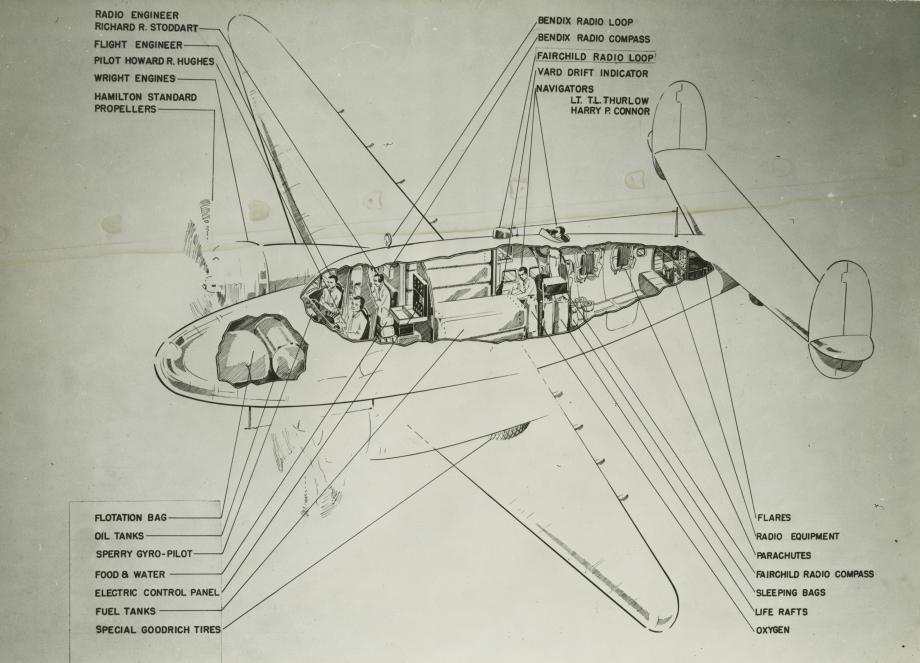 Cutaway drawing of Howard Hughes' Lockheed Model 14-N2 Super Electra, NX18973. (New York Public Library)