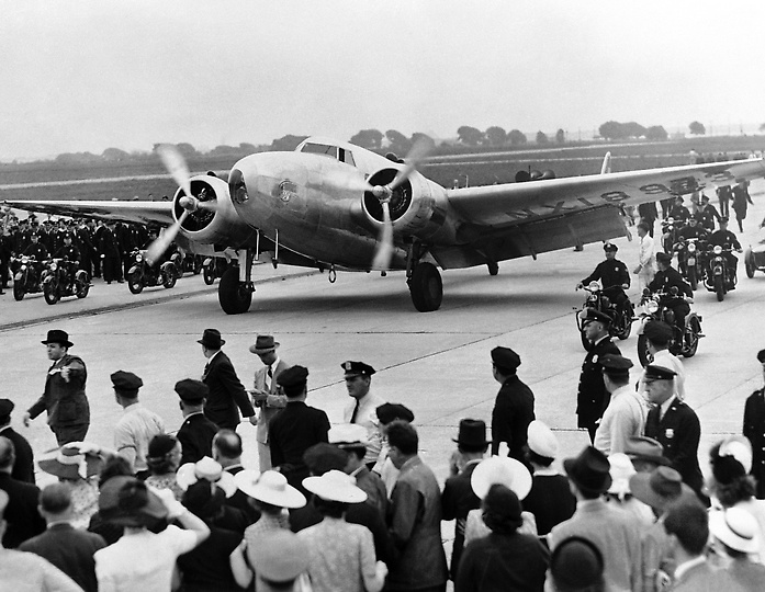 Lockheed Moedl 14-N2 Super Electra NX18973, New York World's Fair 1939, arrives at Floyd Bennett Field, Long Island New York, 14 July 1938. (Associated Press)