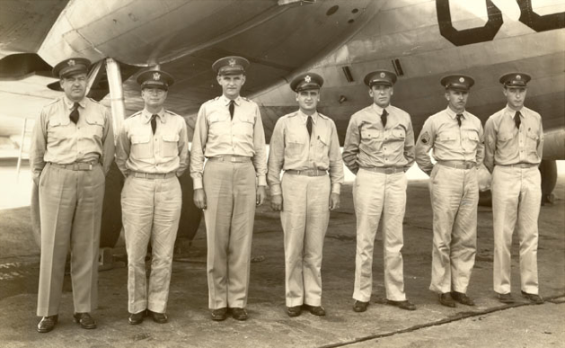 Major Caleb V. Haynes, U.S. Army Air Corps, with Captain William D. Old; Walter G. Bryte, Jr.; A.C. Brandt; Master Sergeant Adolph Catarius; Technical Sergeant Daniel L. spice; Staff Sergeant James E. Sands, the distance record-setting crew of the Boeing XB-15 35-277. (FAI)