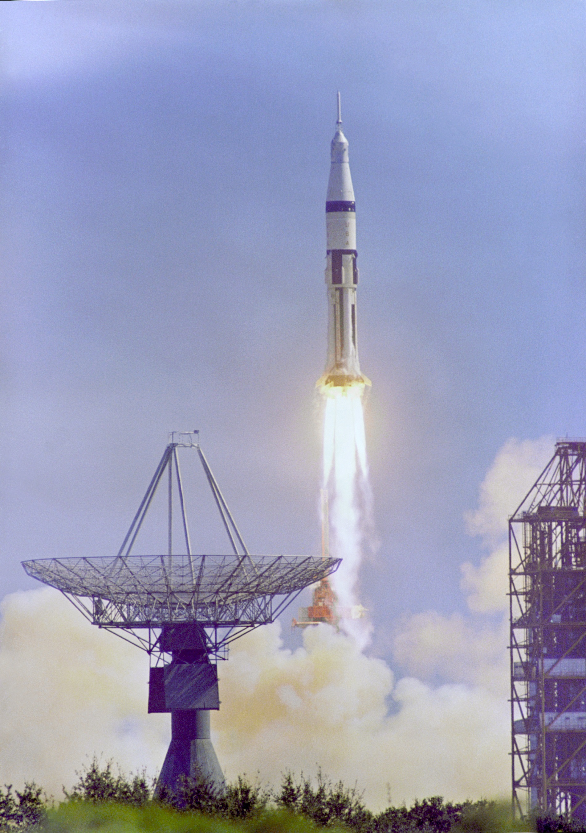Apollo 7 Saturn 1B (AS-205) lifts off from Launch Complex 34 at the Kennedy Space Center, 15:02:45 UTC, 11 October 1968. (NASA)