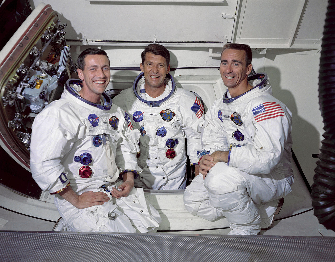 The flight crew of Apollo 7, left to right: Donn Eisele, USAF, Capain Walter M. ("Wally") Schirra, USN, and Major R. Walter Cunningham, USMC. (NASA)