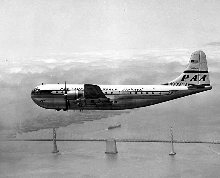 Boeing 377 Stratocruiser N90943, Pan American World Airways' Sovereign of the Skies, seen over San Francisco, circa 1947. (University of Washington Libraries Digital Collections, TRA0138)