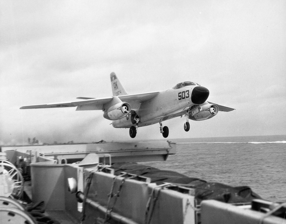 A Douglas A3D-2 Skywarrior, Bu. No. 138974, redesignated A-3B after 1962, launches from the angled flight deck of a United States Navy aircraft carrier. (U.S. Navy) 
