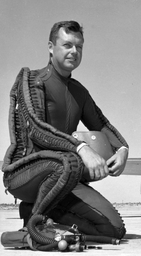 Captain Arthur W. Murray, U.S. Air Force (1918–2011). Murray is wearing a David Clark Co. T-1 capstan-type partial-pressure suit with K-1 helmet for high altitude flight. (U.S. Air Force)