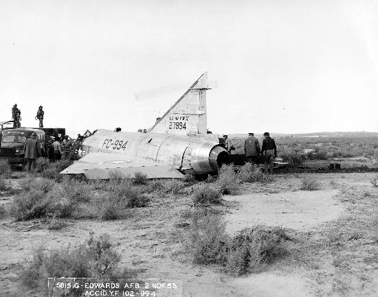 Wreck o fConvair YF-102 52-994 near Edwards Air focre Base, 2 Novemnber 1953. (U.S. Air Force)