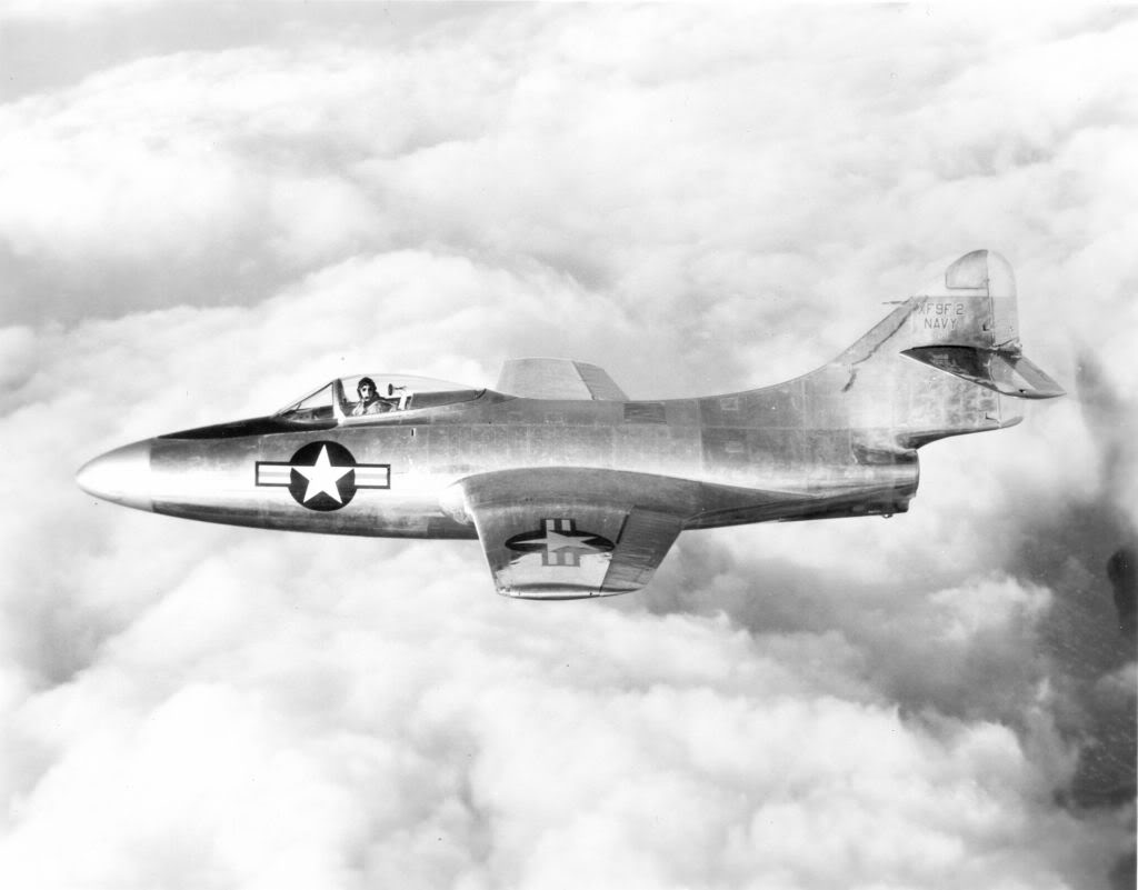 Corky Meyer in the cockpit of the first Grumman XF9F-2 Panther, Bu. No. 122475, during the first flight, 21 November 1947. (U.S. Navy)