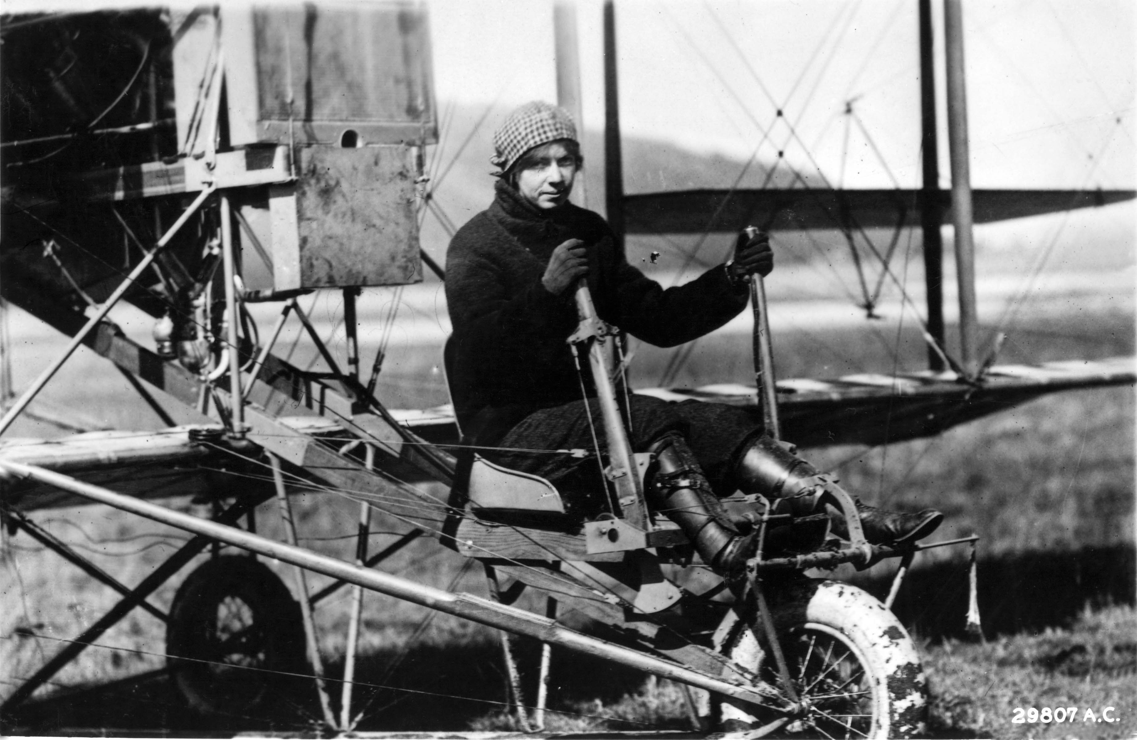 Ruth Bancroft Law at the controls of a Curtiss Pusher, ca. 1915. (U.S. Air Force)