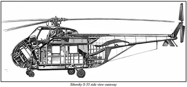 Cutaway drawing of the Sikorsky S-55/H-19/HO4S/HRS. Note the rearward-facing, angled placement of the radial engine.(Sikorsky Historical Archives)