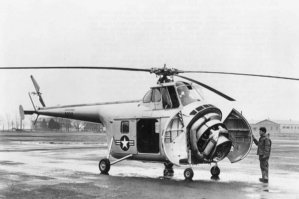 Sikorsky Aircraft Corps. YH-19 49-2012 (c/n 55-001) shown with engine "clam shell" doors open. This allowed excellent access to the engine for maintenance. 