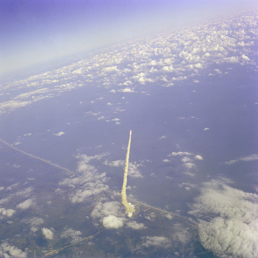 Aerial view of the launch of Columbia (STS-2) 12 November 1981. (NASA)