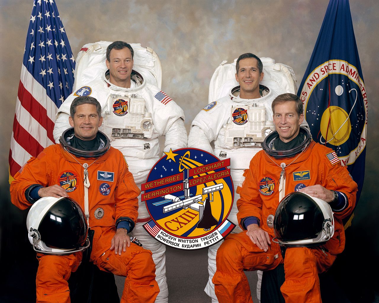 Flight crew of Space Shuttle Endeavour, STS-113), left to right, LCOL Paul S. Lockhart, USAF; CAPT Michael E. Lopez-Alegria, USN; CDR John B. Herrington, USN; CAPT James D. Wetherbee, USN. (NASA) 