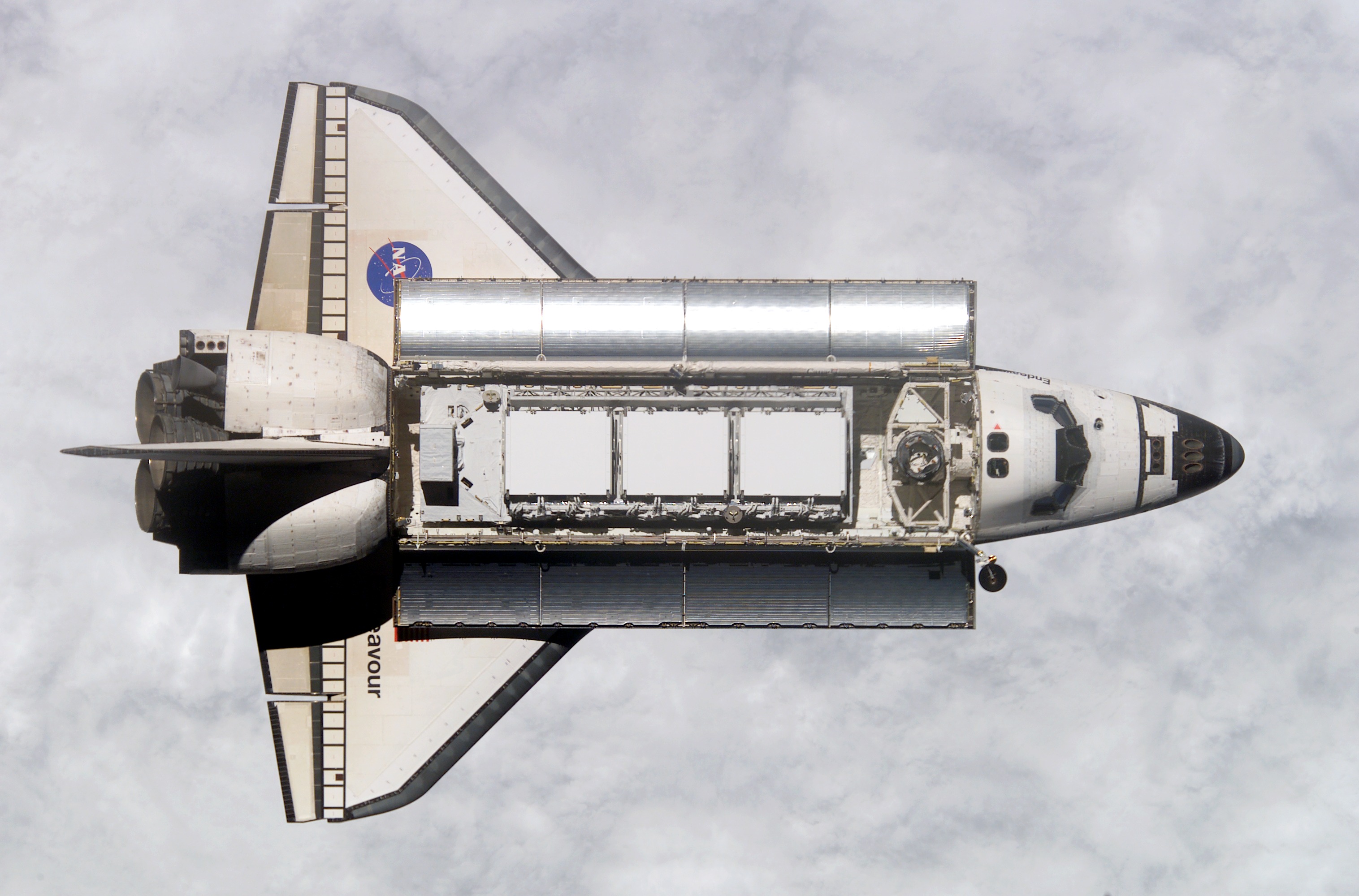 Space Shuttle Endeavour (OV-105) in Earth orbit, photographed from the International Space Station. The P1 Truss is in the open cargo bay. (NASA)