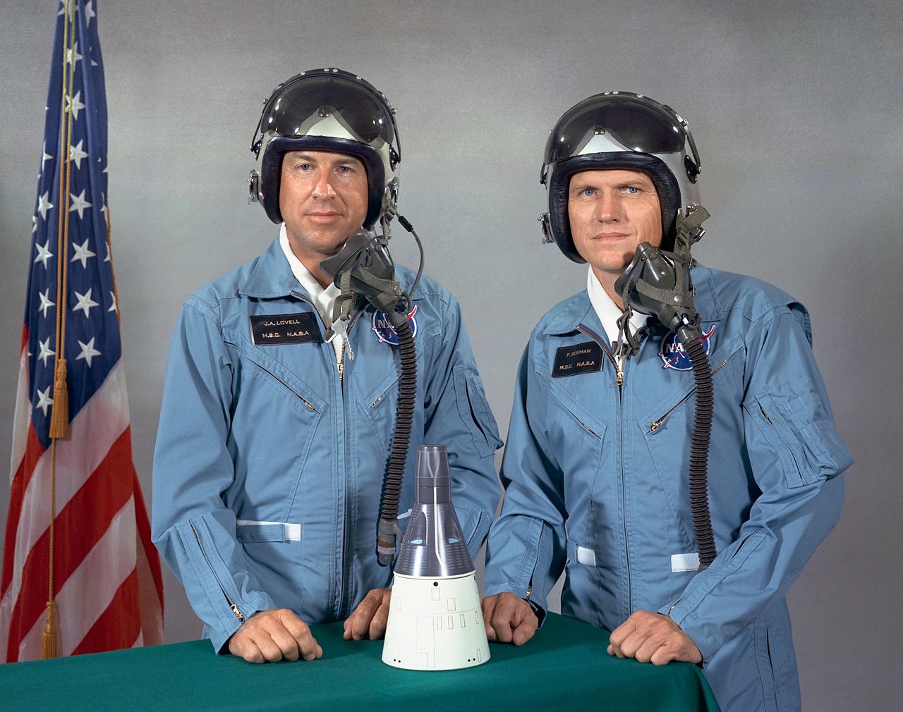Lieutenant Commander James A. Lovell, Jr., U.S. Navy, and Major Frank F. Borman II, U.S. Air Force, with a scale model of a Gemini spacecraft. (NASA)