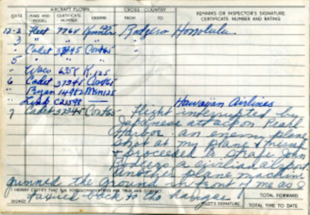 A page from Cornelia Fort’s pilot logbook with her remarks for December 7, 1941. (Texas Women’s University)