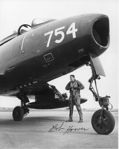 North American Aviation test pilot Robert A. ("Bob") Hoover with XFJ-2 Fury, Bu. No. 133754, the second prototype. (North American Aviation, Inc.)