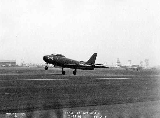 The first prototype North American Aviation XFJ-2B Fury, Bu. No. 133756, lifts off the runway at Los Angeles International Airport, 27 December 1951. (north American Aviation)
