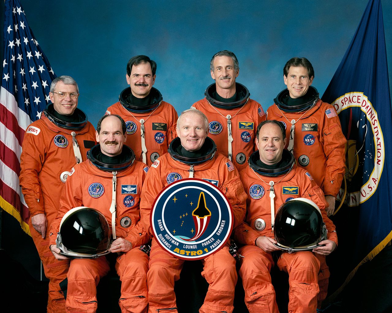 Flight crew of Space Shuttle Columbia (STS-35), left to right: Robert A.Parker, Guy S. Gardner, Ronald A. Parise, Vance D. Brand, Jeffrey A. Hoffman, John M. Lounge and Samuel T. Durrance. (NASA)