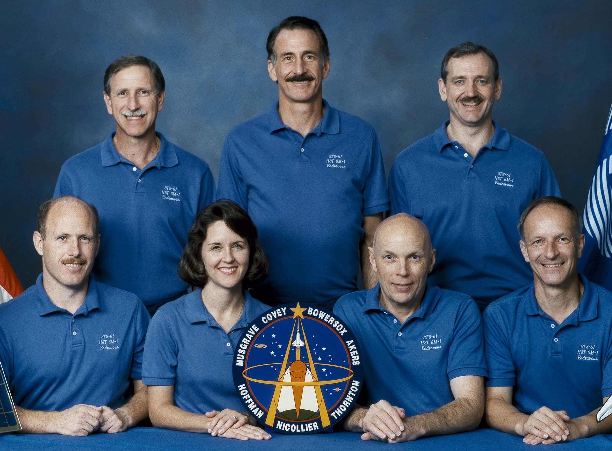 Flight crew of Space Shuttle Endeavour (STS-61). Seated, left to right: Kenneth D. Bowersox, Kathryn C. Thornton, F. Story Musgrave, and Claude Nicollier, ESA. Rear: Richard O. Covey, Jeffrey A. Hoffman, and Thomas D. Akers. (NASA)