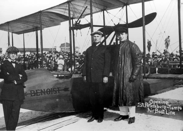 Percival E. Fansler, Mayor Abraham C. Pheil, and Antony H. Jannus with the Benoist Type XIV flying boat Lark of Duluth, 1 January 1914. (Florida State Archives, Florida Memory)