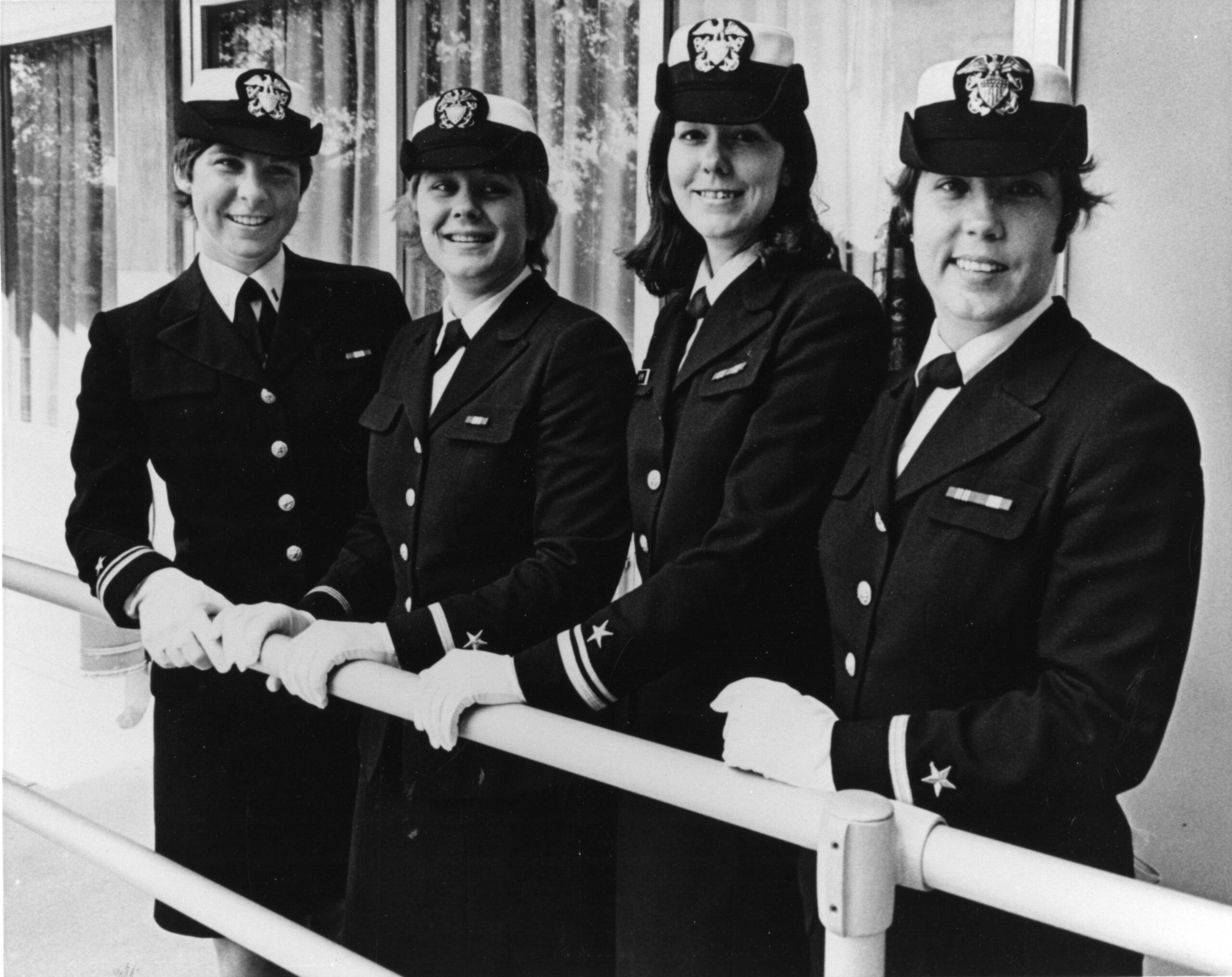 Pensacola, Florida: The first four women chosen to undergo flight training. From left, LTJG. Barbara Allen of Chula Vista, California; ENS. Jane M. Skiles of Des Moines, Iowa; LTJG. Judith A. Neuffer of Wooster, Ohio; and ENS. Kathleen L. McNary of Plainfield, Illinois.