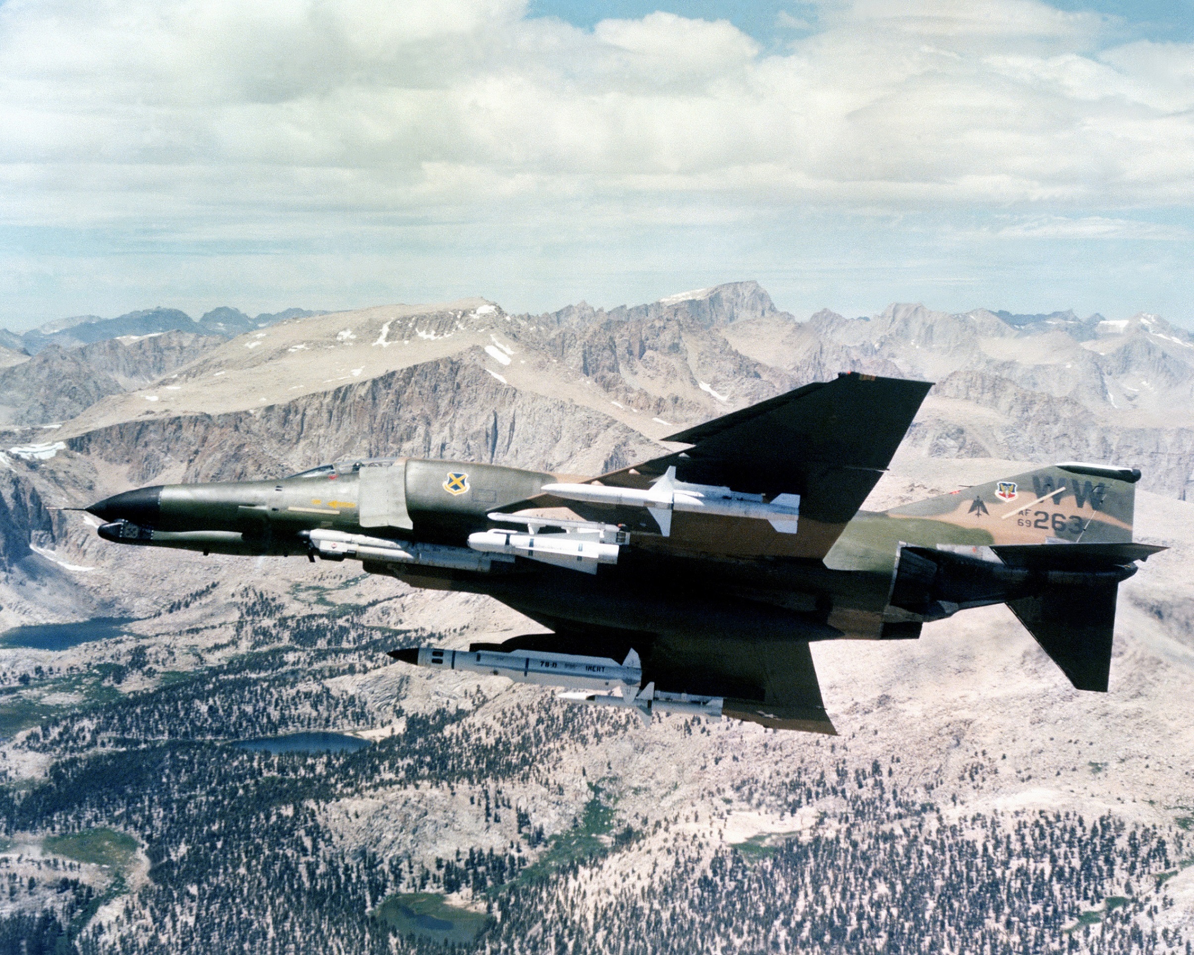 McDonnell Douglas F-4G Wild Weasel 69-7263, a converted F-4E Phantom II, over the Sierra Nevada Mountains of California. (U.S. Air Force)