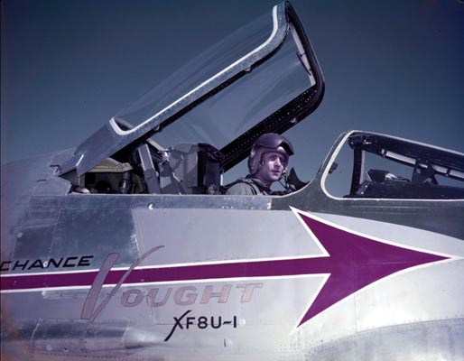 John W. Konrad in the cockpit of the prototype Vought XF8U-1 Crusader, Bu. No. 138899. (Vought Heritage)