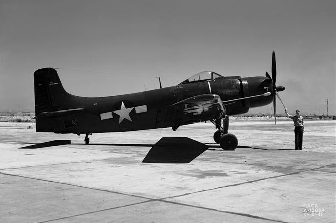 The second prototype XBT2D-1, Bu. No. 9086, was tested at the NACA Ames Research Center, Moffet Field, California, from 11 March 1946 to 4 September 1947. (NASA) 