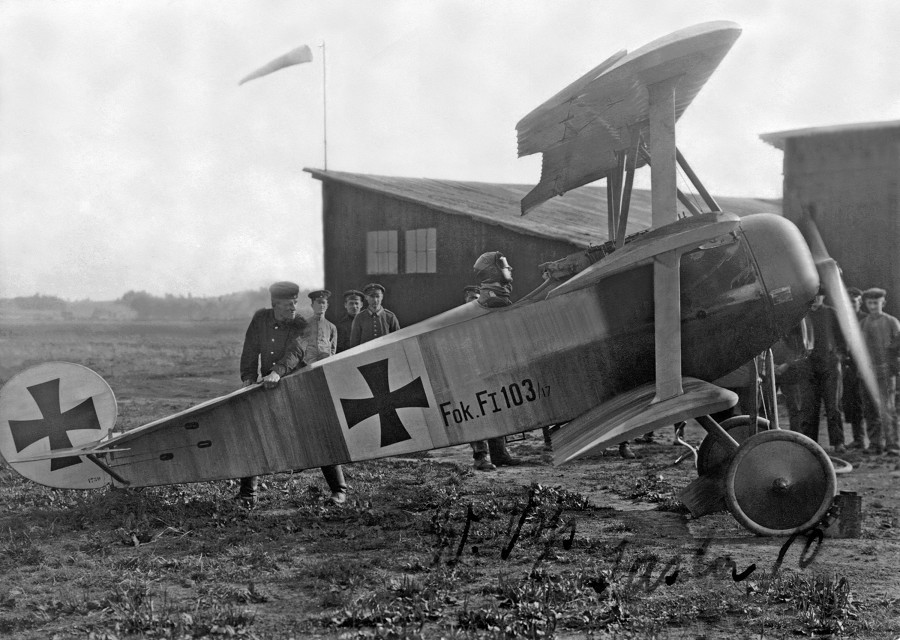 Werner Voss in the cockpit of his Fokker F.I fighter, 103/17. (Unattributed)