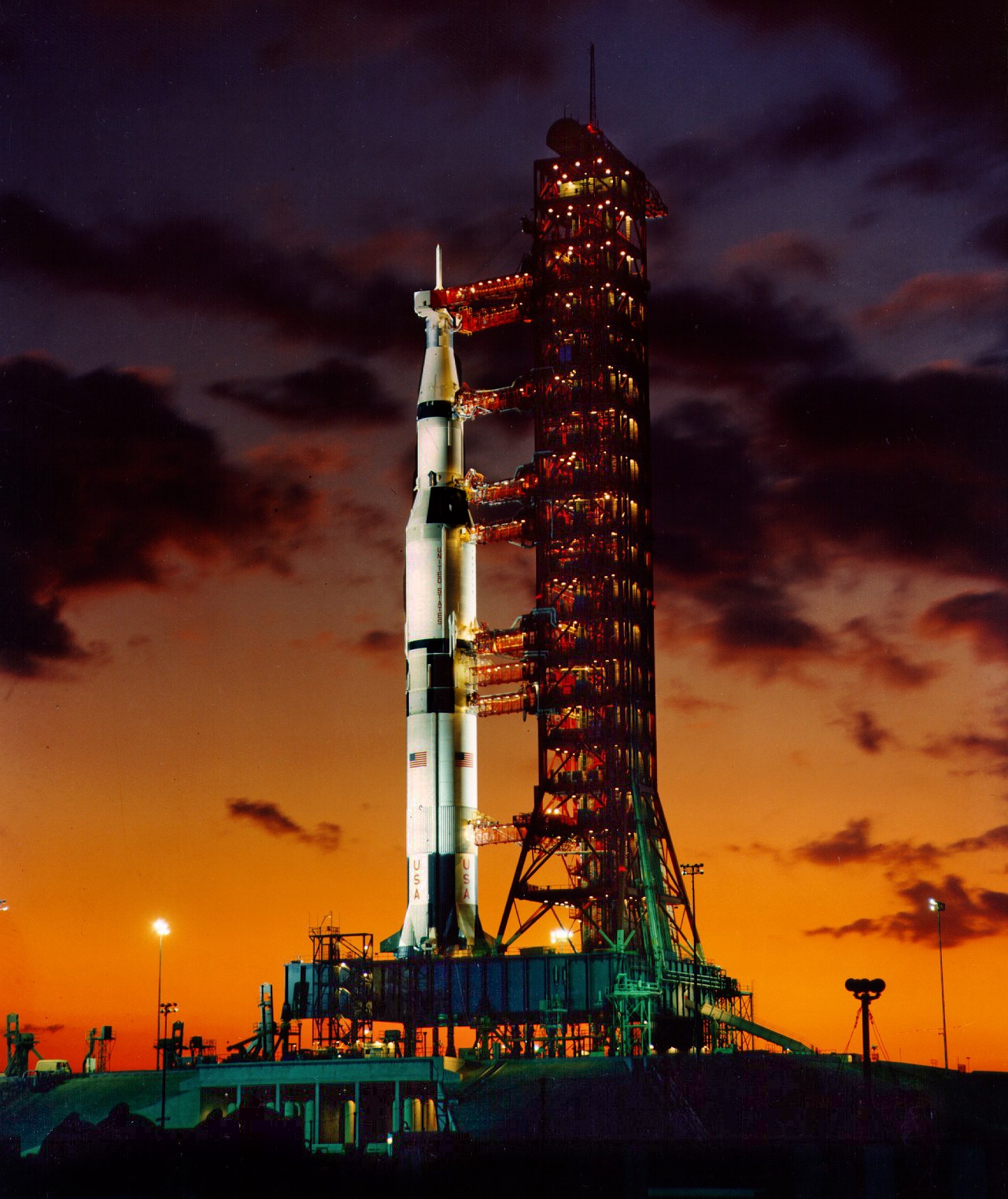 Apollo 4 Saturn V (AS-501) on the launch pad at sunset, the evening before launch, 8 November 1967. (NASA) 