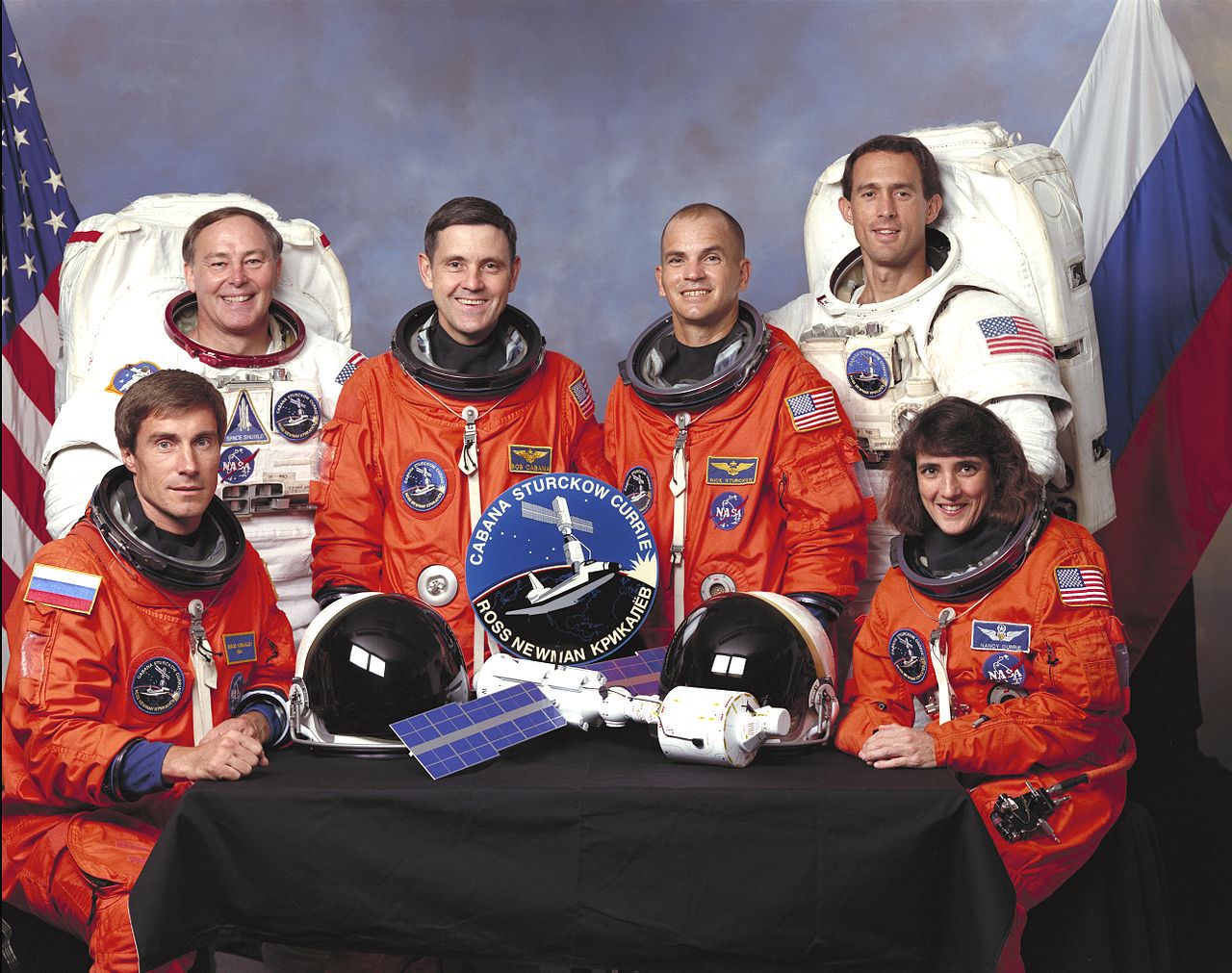 Left to right: Sergei K. krikalev (seated), Jerry L. Ross, Rober D. Cabana, Frederick W. Sturckow, James H. Newman and Nancy J. Currie (seated). (NASA)