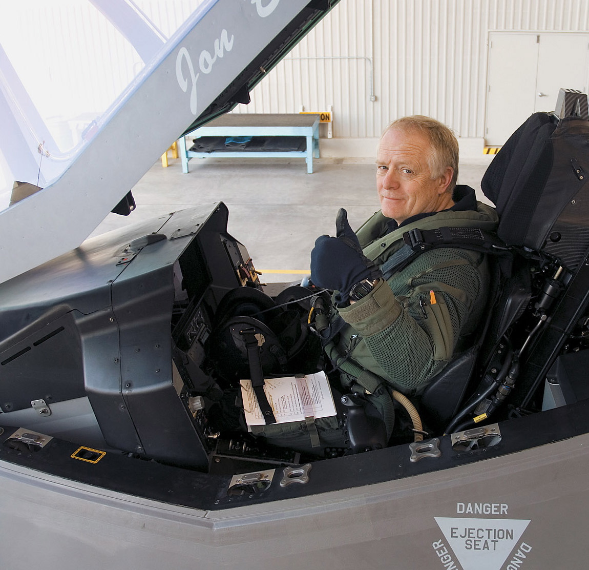Jon S. Beesley in teh cockpit of Lockheed Martin's prototype F-35A Lightning II. (Lockheed Martin Aeronautics Company)