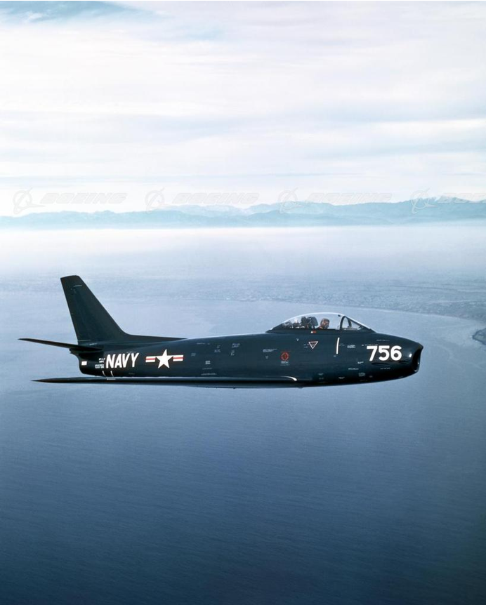 Prototype North American Aviation XFJ-2B Fury, Bu. No. 133756, in flight, eastbound, just southwest of the Palos Verdes Peninsula. Santa Monica Bay and the Santa Monica Mountains are in the background. (North American Aviation, Inc./Boeing)