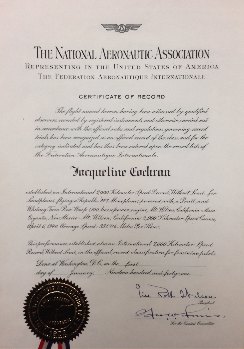 National Aeronautic Asscoication Certificate of Record in the San Diego Air and Space Museum Archive, (Bryan R. Swopes)