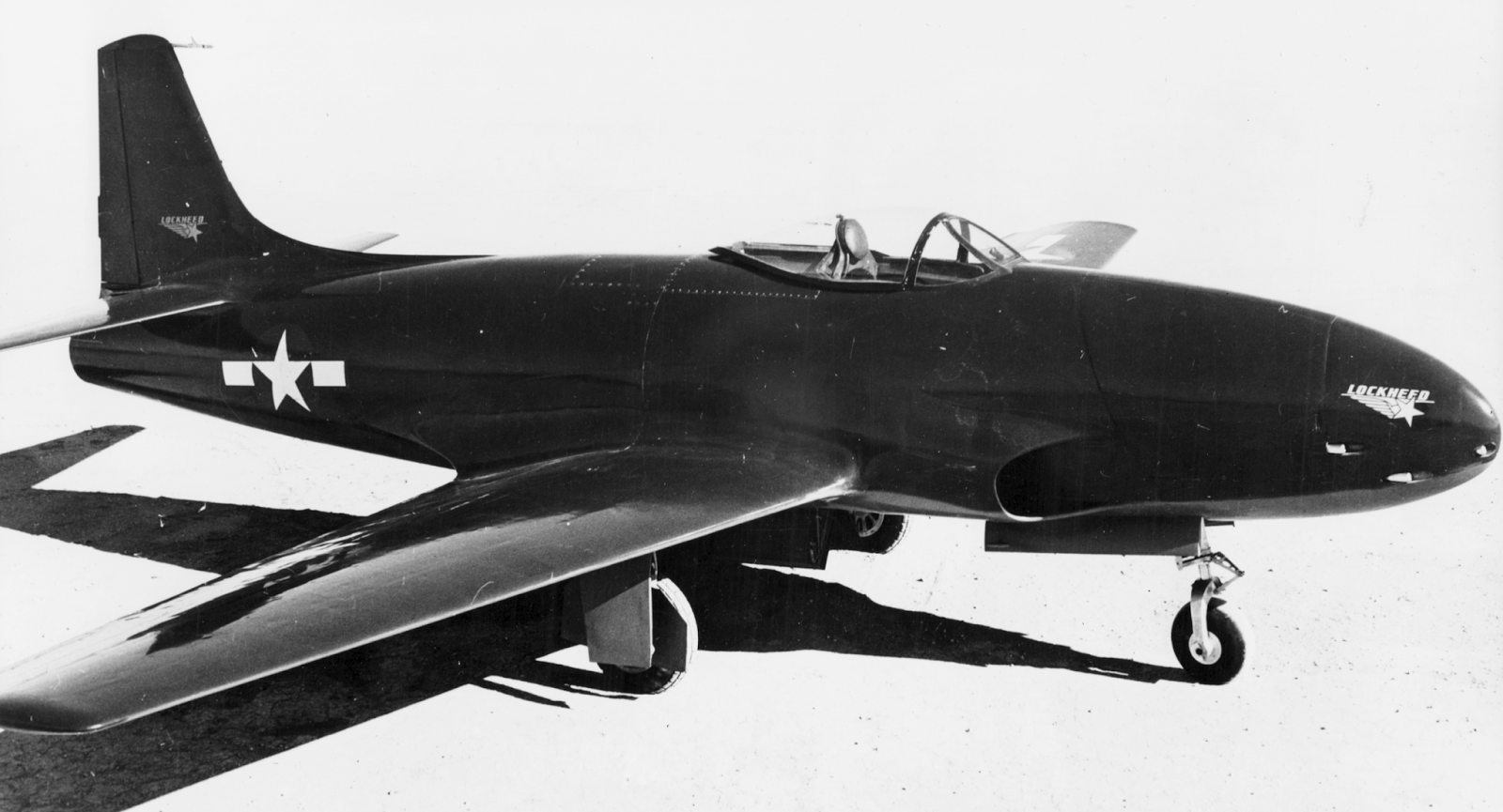 Lockheed XP-80 parked at Muroc Dry Lake, 1944 (Lockheed)