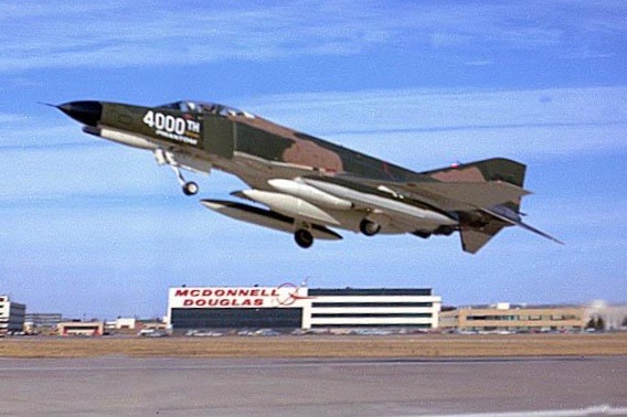 McDonnell Douglas F-4E-44-MC Phantom II 69-7294 retracting its landing gear after takeoff from Lambert-St. Louis International Airport, St. Louis, Missouri. (McDonnell Douglas)