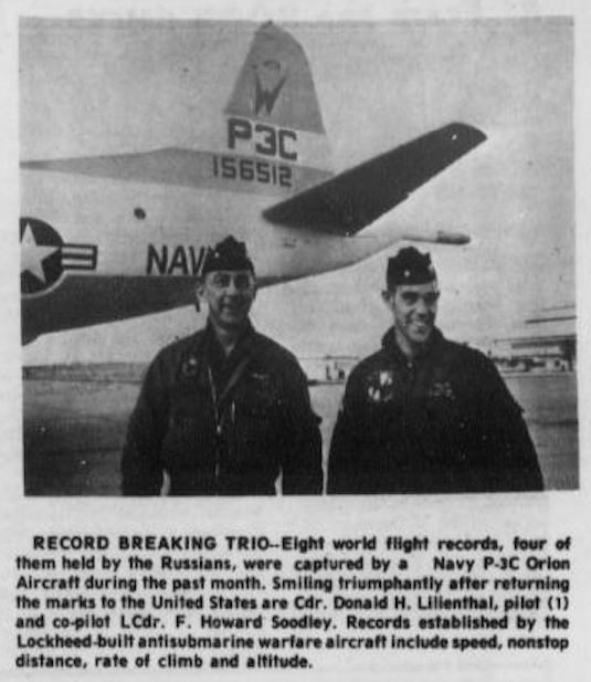 Photograph of CDR Lilienthal and LCDR Stoodley with their P-3C, 156521. (JAX AIR NEWS-LATWINGER, 19 February 1971, Page 15.)
