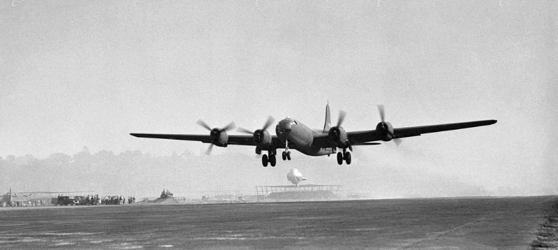 The second prototype Boeing XB-29 Superfortress, 41-0003, takes off from Boeing Field, 12:09 p.m., 18 February 1943. (Boeing)