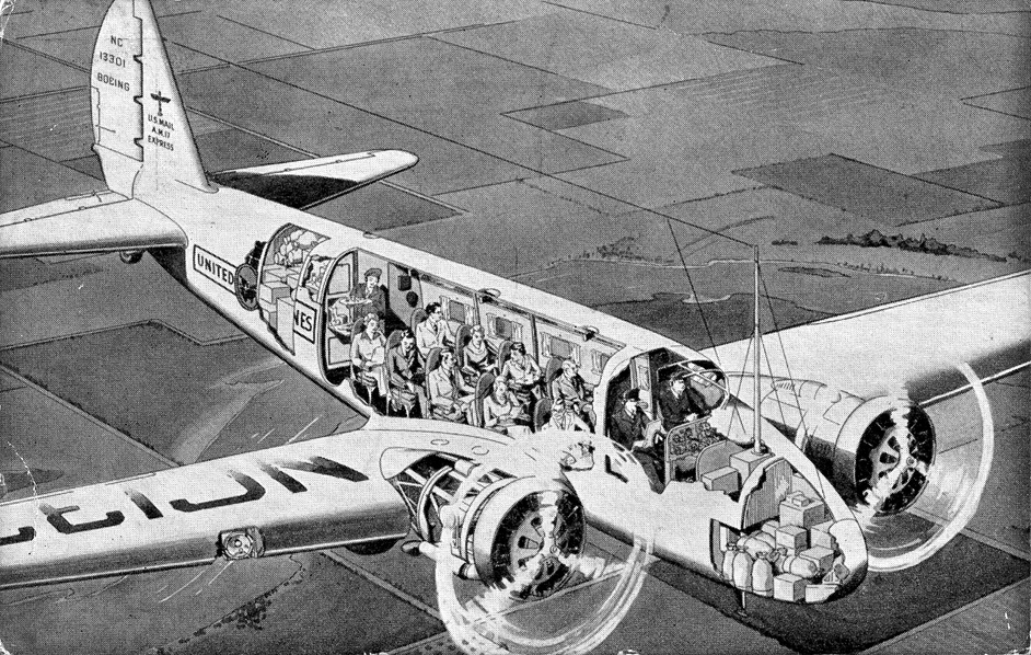 This postcard illustration shows the interior arrangement of a Boeing 247 airliner. (United Air Lines)