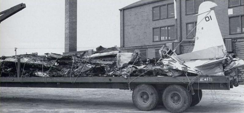 Wreckage of XP-80A 44-83021 loaded on a flat bed trailer. (U.S. Air Force)