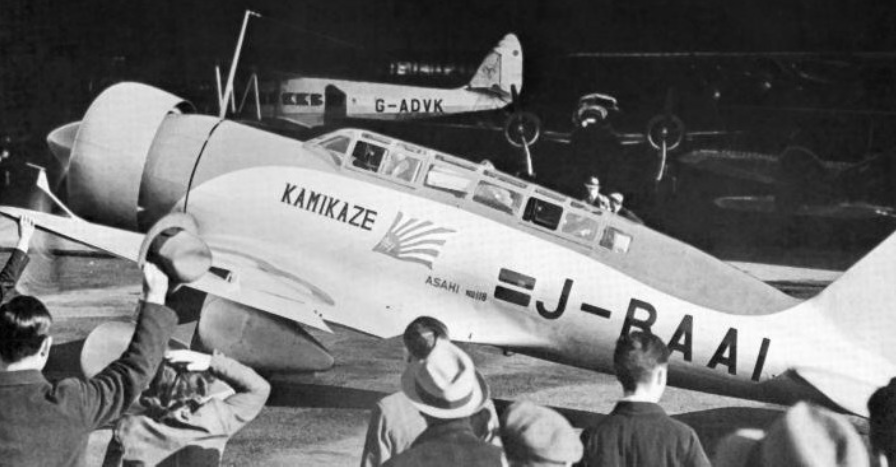 The Mitsubishi Karigane J-BAAI, arrives at Croydon Aerodrome, London, 3:30 p.m., 9 April 1937.