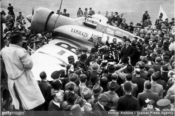 The Mitsubishi Karigane arrives at Croydon Aerodrome, London, at 3:30 p.m., 9 April 1937. (Getty Images)