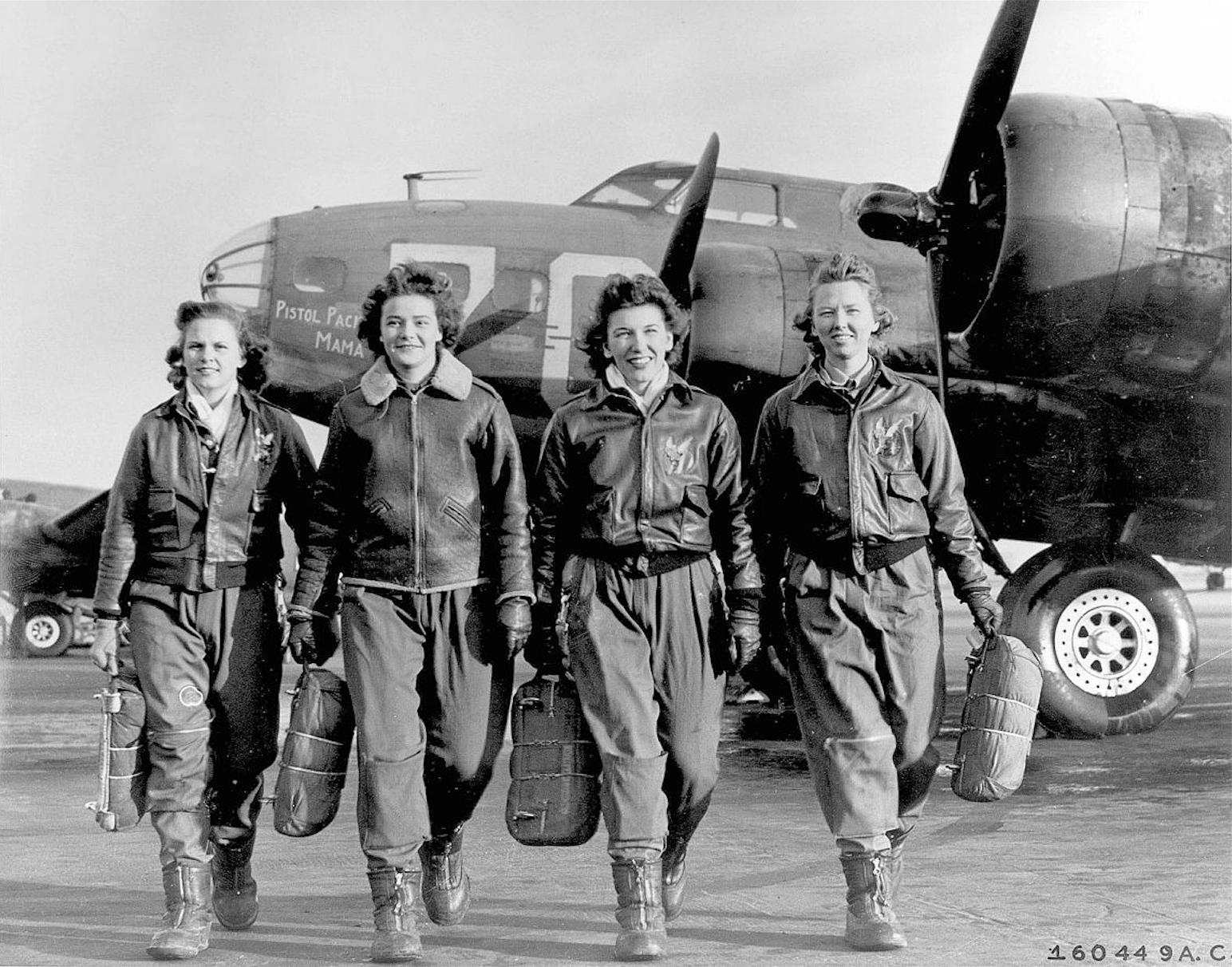 WASP pilots FrancesGreen, Margaret Kirchner, Ann Waldner and Blanche Osborne at the four-engine school at Lockbourne Army Airfield, Ohio, with a Boeing B-17. (U.S. Air Force)