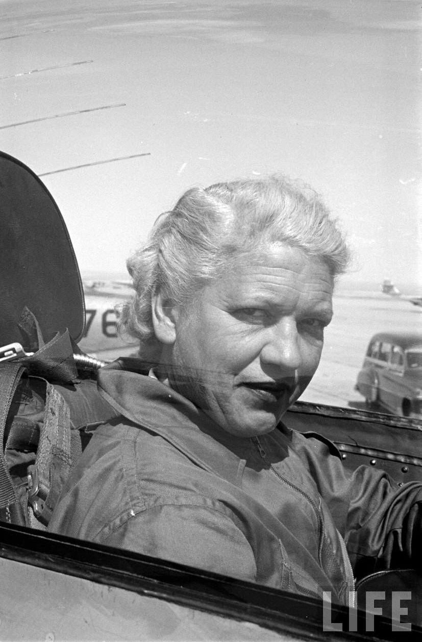 Jackie Cochran in the cockpit of the Canadair CL-13 Sabre Mk.3, No. 19200, parked on Rogers Dry Lake at Edwards Air Force Base. (LIFE Magazine via Jet Pilot Overseas)