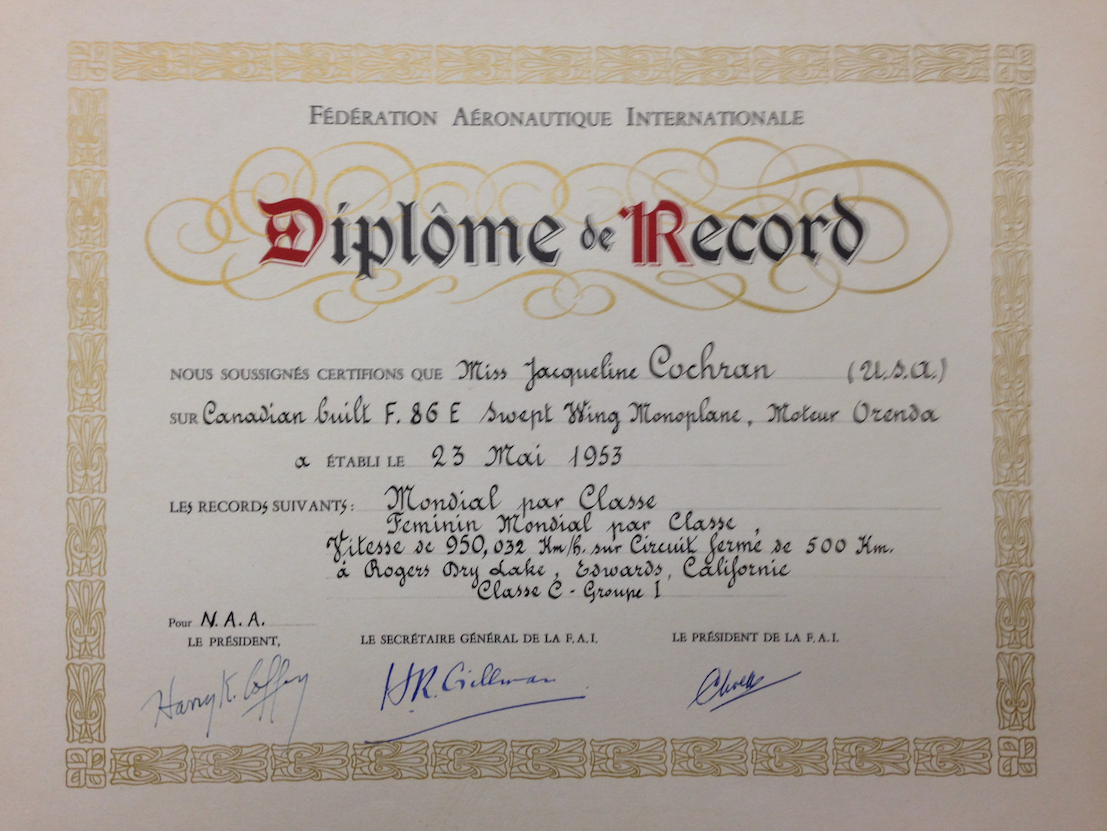 ackie Cochran’s FAI Diplome de Record at the San Diego Air and Space Museum Archives. (© 2015, Bryan R. Swopes)