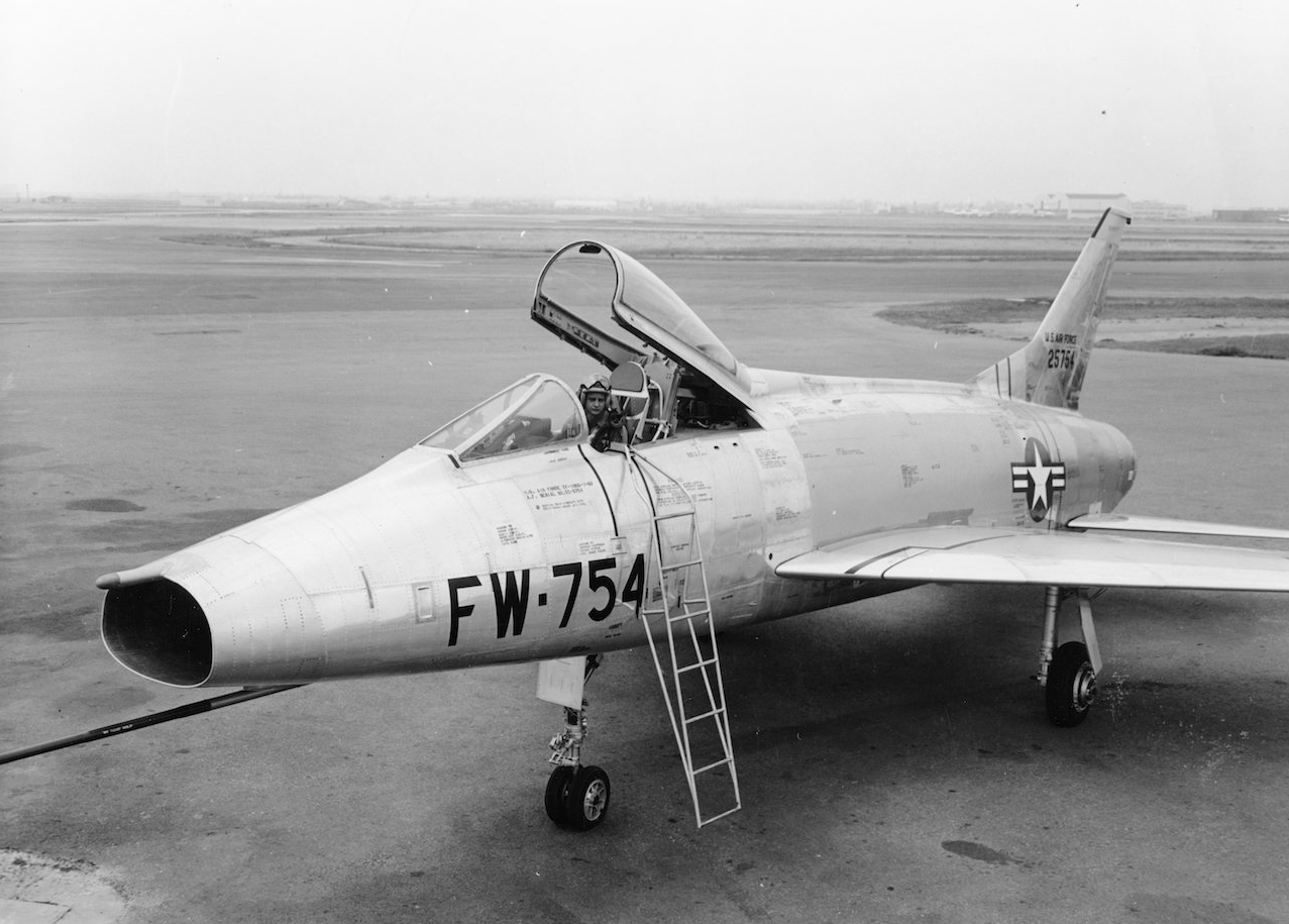 North American Aviation Chief Test Pilot George S. Welch in the cockpit of the YF-100A, 52-5754, at Los Angeles International Airport. (North American Aviation, Inc.)