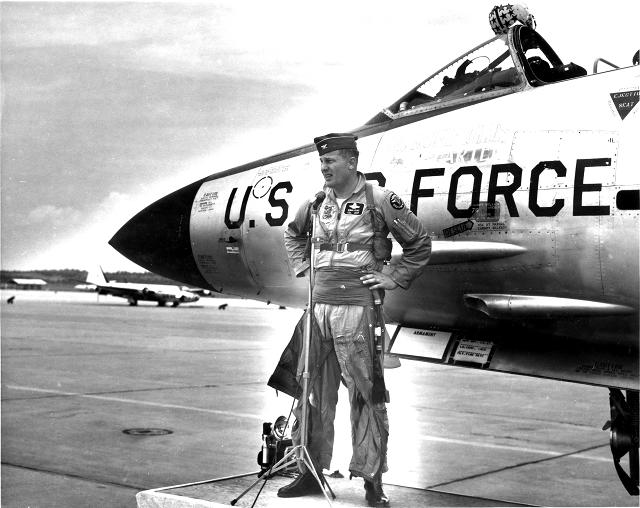 Colonel Olds with a McDonnell F-101C Voodoo at RAF Bentwaters. (U.S. Air Force)