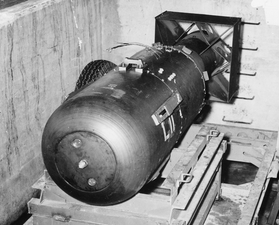 Code named "Little Boy," the Mark I bomb unit L-11, prior to loading aboard Enola Gay, 5 August 1945. (U.S. Air Force) 