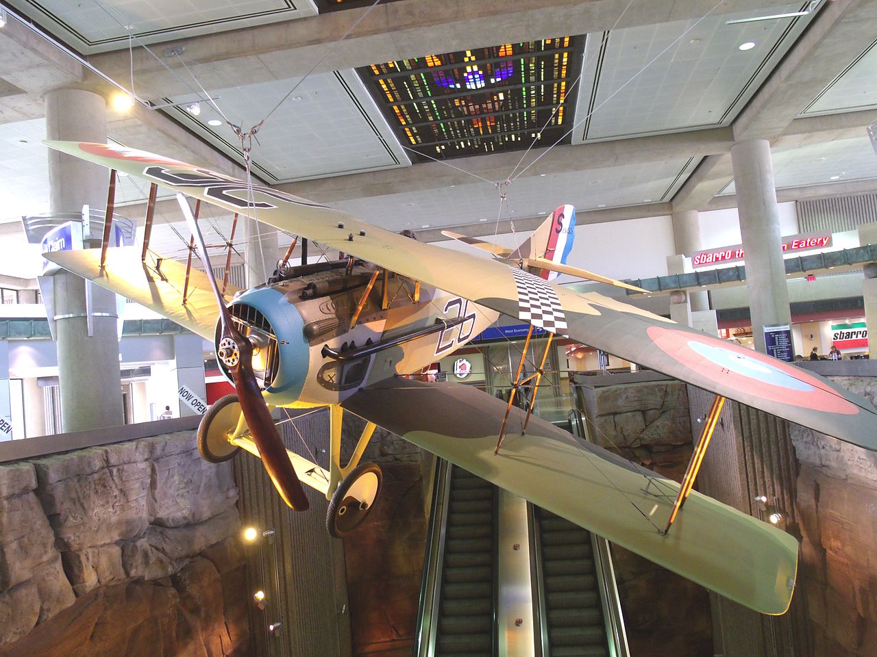 This SPAD S.XIII C.1, on display at Terminal 3, Phoenix Sky Harbor International Airport (PHX), Phoenix, Arizona, is painted to represent a fighter flown by Frank Luke. It was assembled from components of several different airplanes and restored by GossHawk Unlimited, Casa Grande, Arizona. (Wikipedia)