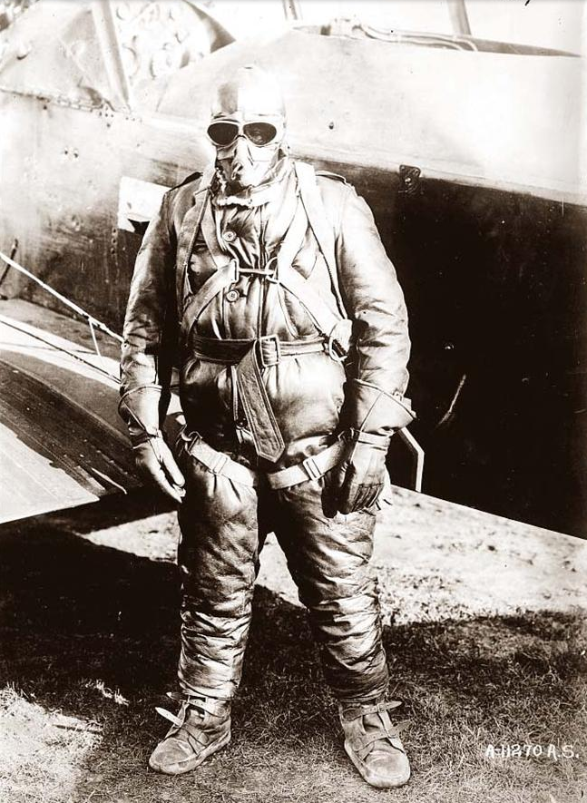 Lieutenant John A. Macready dressed for high altitude flight. (U.S. Air Force)