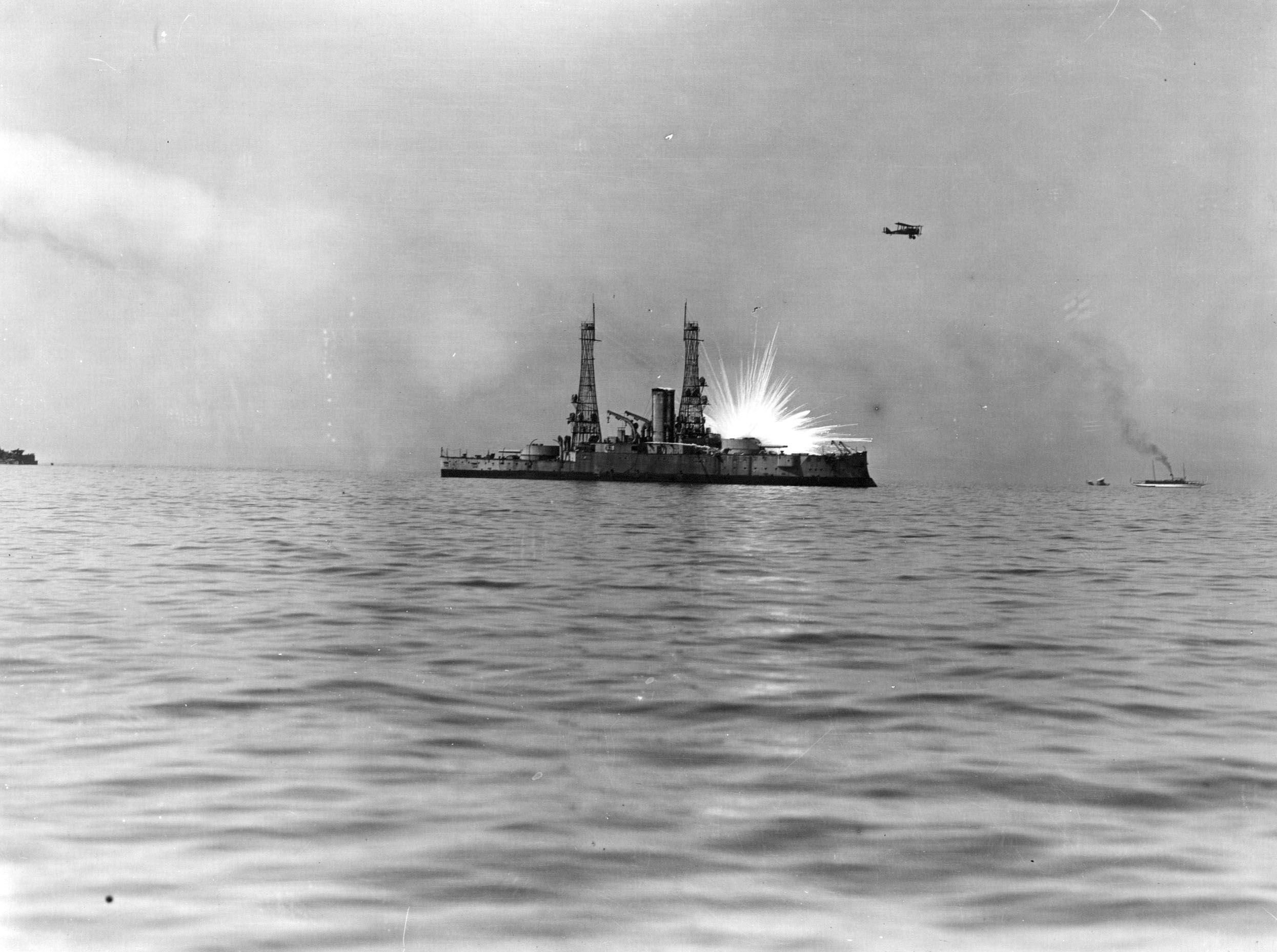 Ex-USS Alabama (BB-8) hit by a white phosphorous bomb, 27 September 1921. (U.S. Air Force)